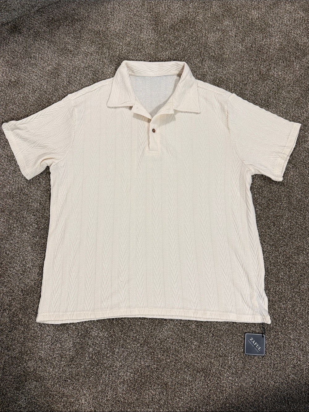 Zaful Cream Short-Sleeve Polo with Textured Chevron Knit